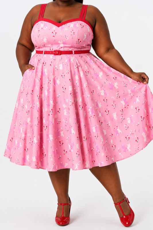 Size 4x (26) Collectif Nova Some Bunny To Love Dress featuring a pastel pink bunny and floral print.