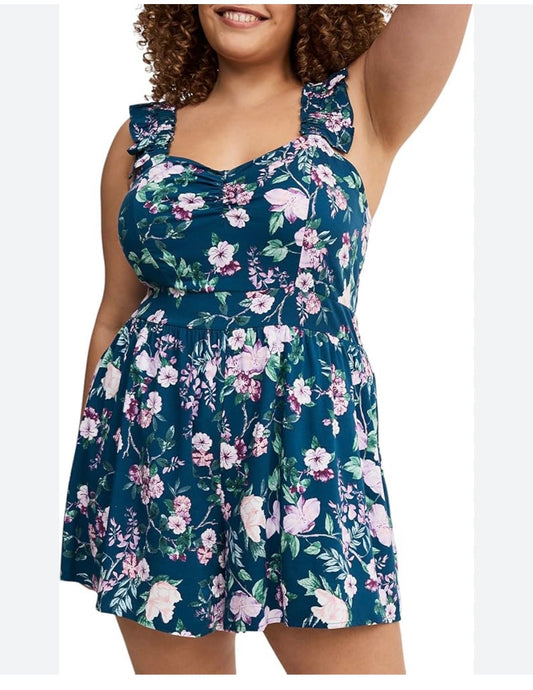 Size 4x (28) Torrid Blue & Pink floral Ruffled Straps Layered Romper