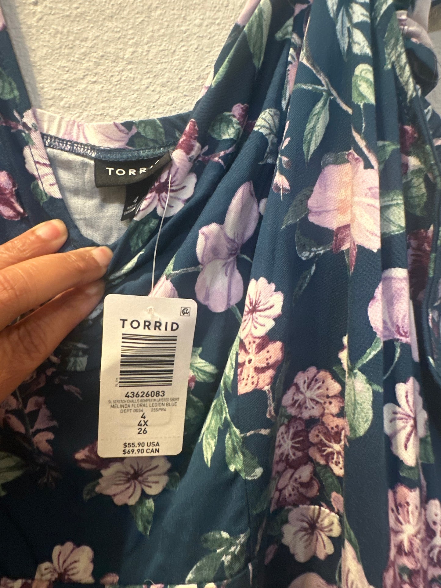 Size 4x (28) Torrid Blue & Pink floral Ruffled Straps Layered Romper