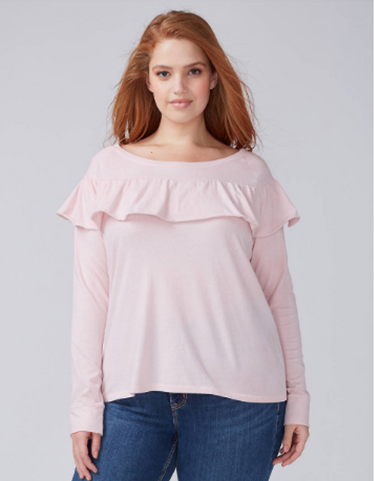 Size 4x/5x (26/28) Lane Bryant pink knit long-sleeve top featuring a ruffle yoke design.