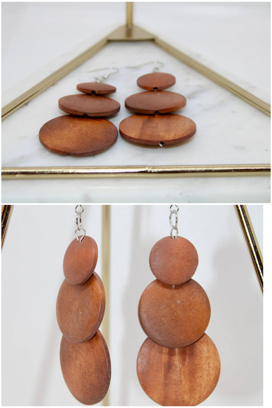 Wooden brown 3 tier drop earring