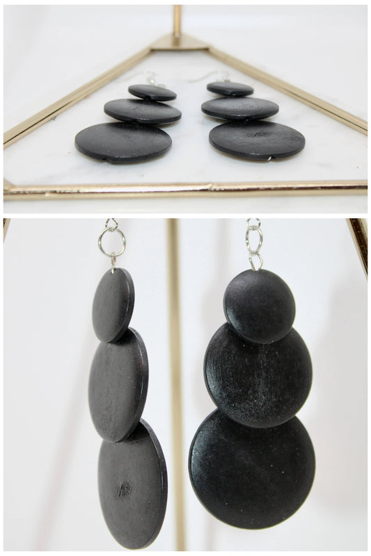Black Wooden 3 Tier Circle Earrings