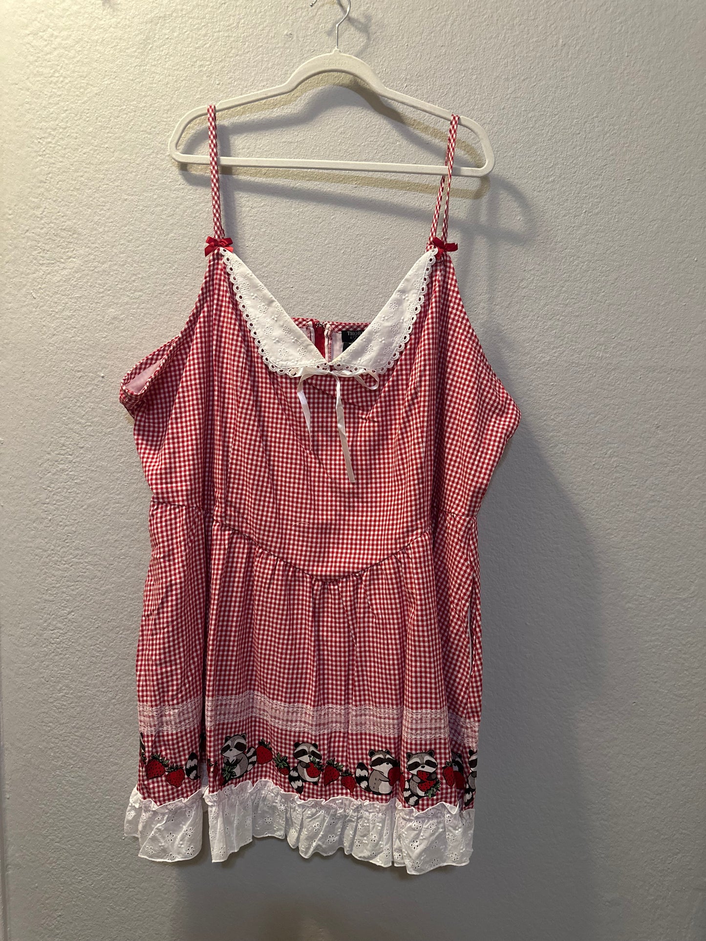 Size 5x (28) Thorn & Fable Raccoons & Strawberries Red Gingham Cami Dress in red and white.