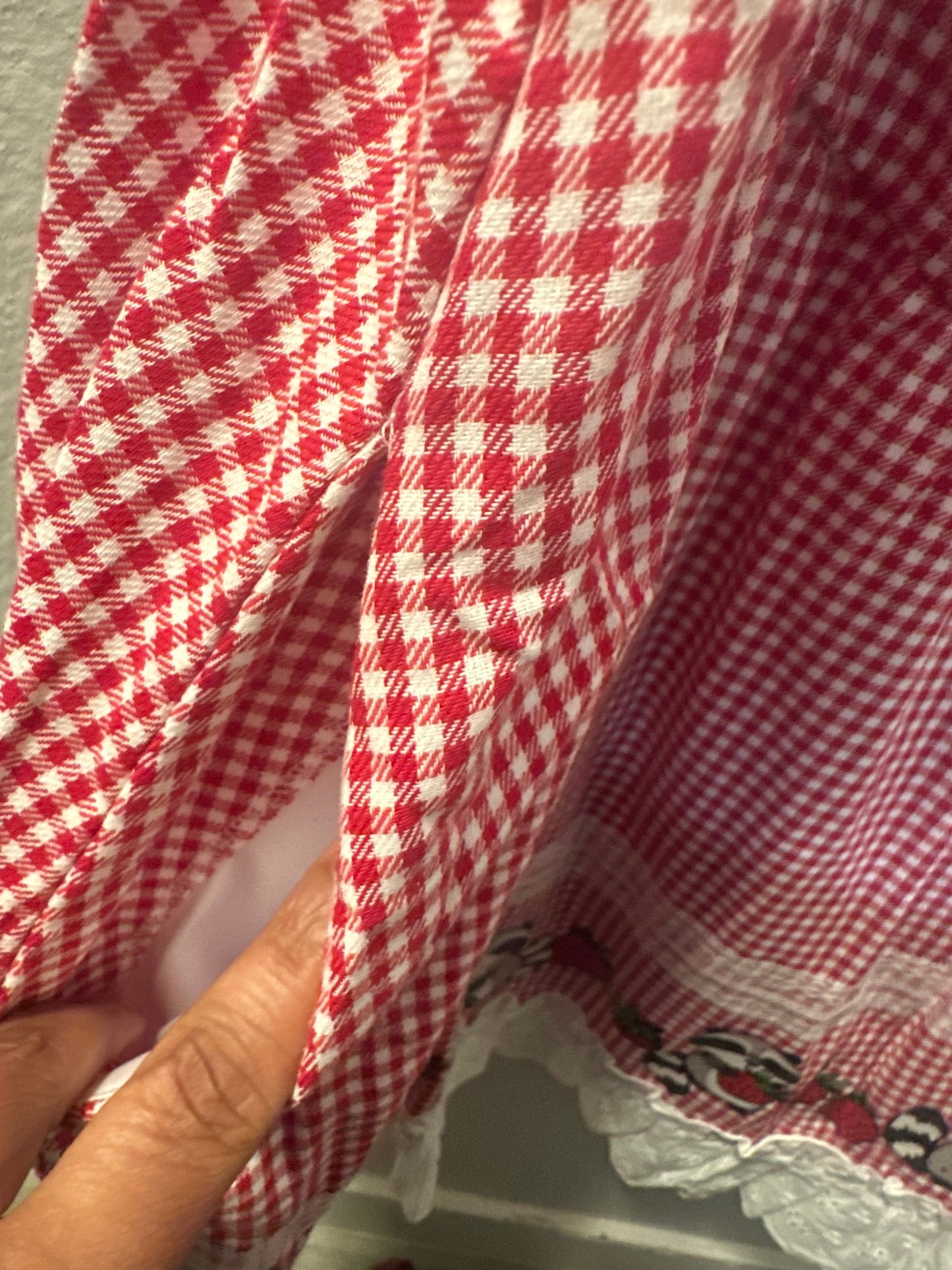 Size 5x (28) Thorn & Fable Raccoons & Strawberries Red Gingham Cami Dress in red and white.