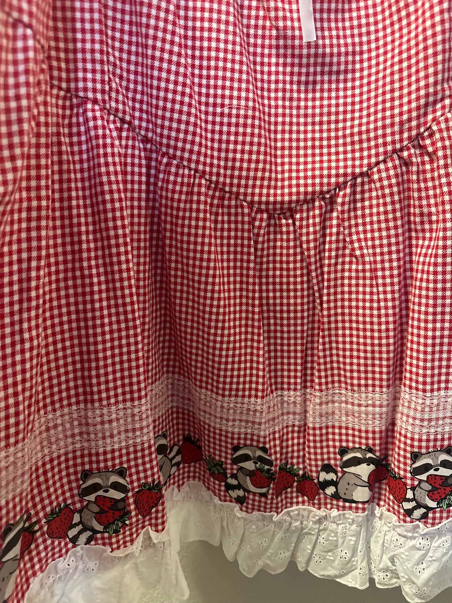 Size 5x (28) Thorn & Fable Raccoons & Strawberries Red Gingham Cami Dress in red and white.