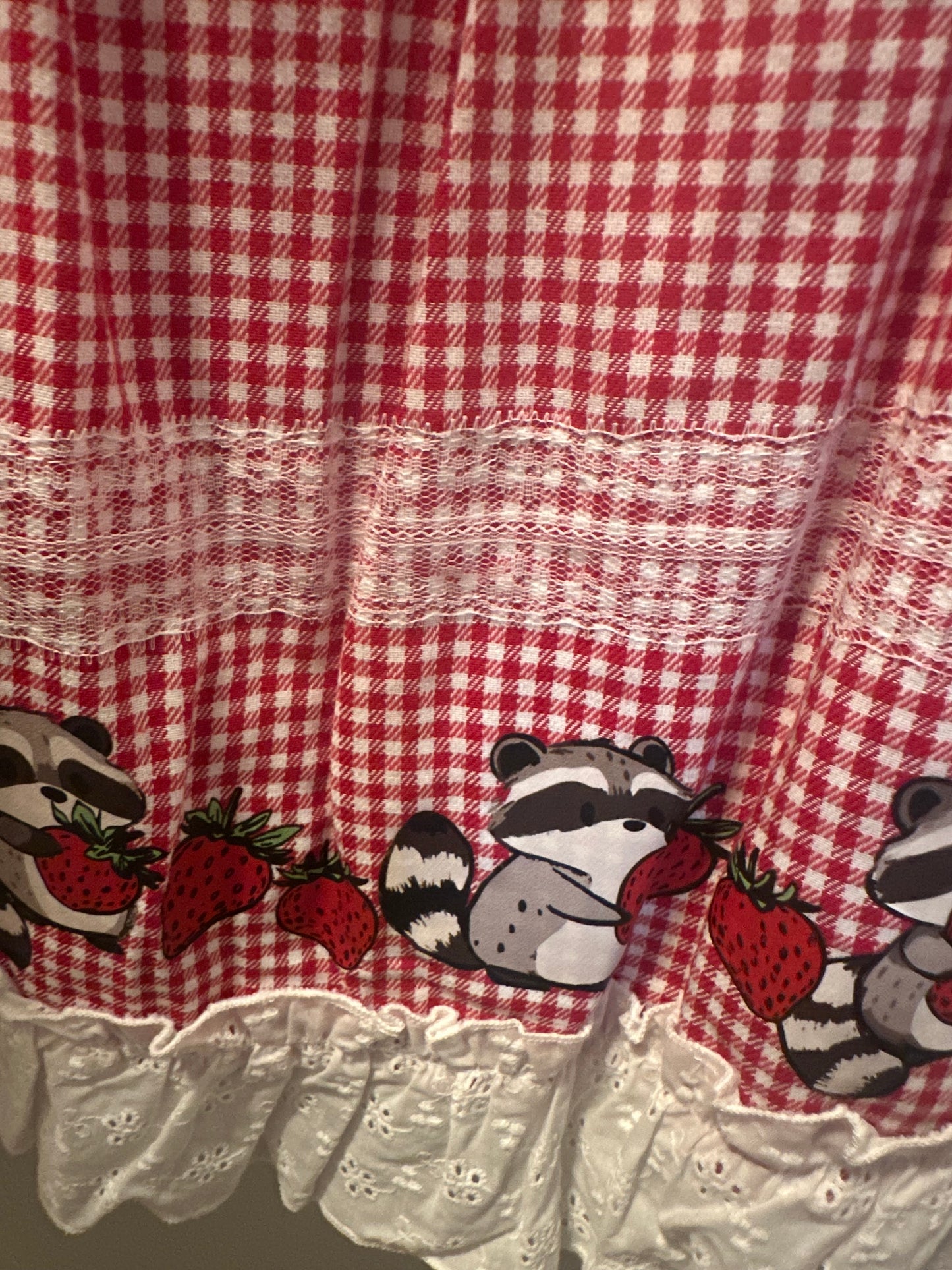 Size 5x (28) Thorn & Fable Raccoons & Strawberries Red Gingham Cami Dress in red and white.
