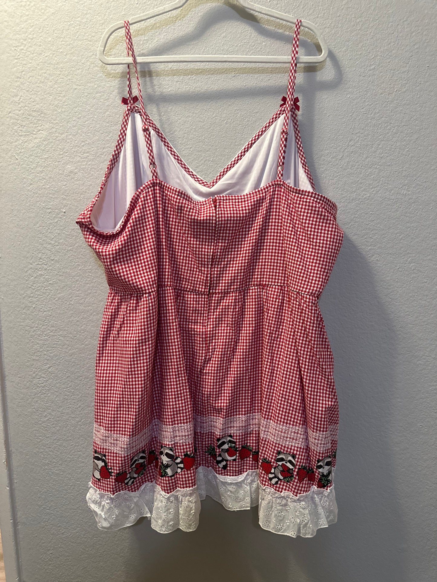 Size 5x (28) Thorn & Fable Raccoons & Strawberries Red Gingham Cami Dress in red and white.