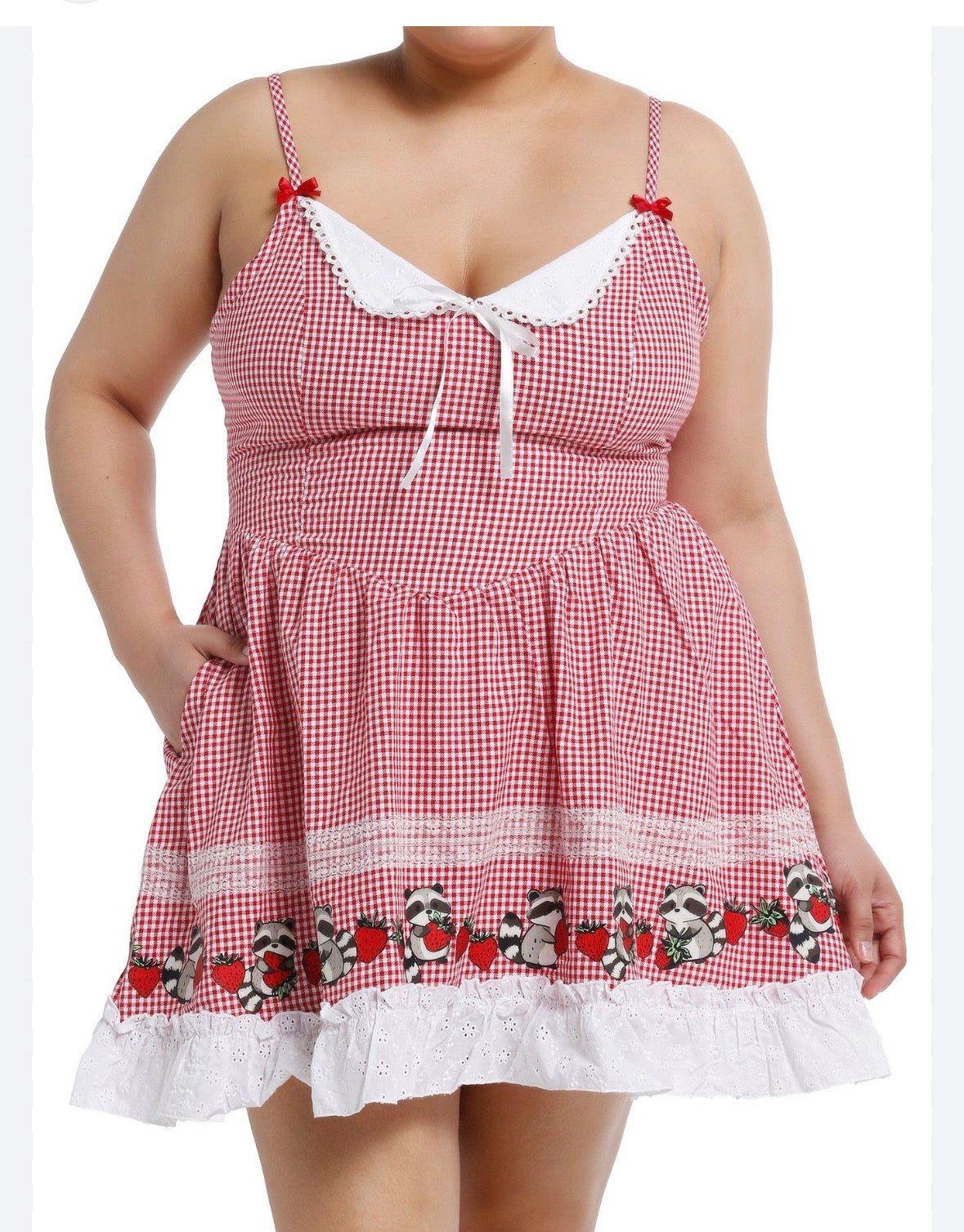 Size 5x (28) Thorn & Fable Raccoons & Strawberries Red Gingham Cami Dress in red and white.