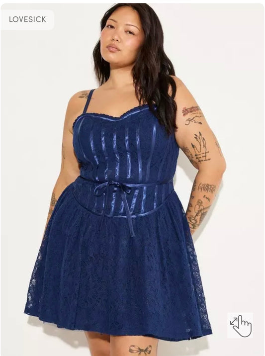 Size 5x (28) Torrid LoveSick blue basque-waist mini dress