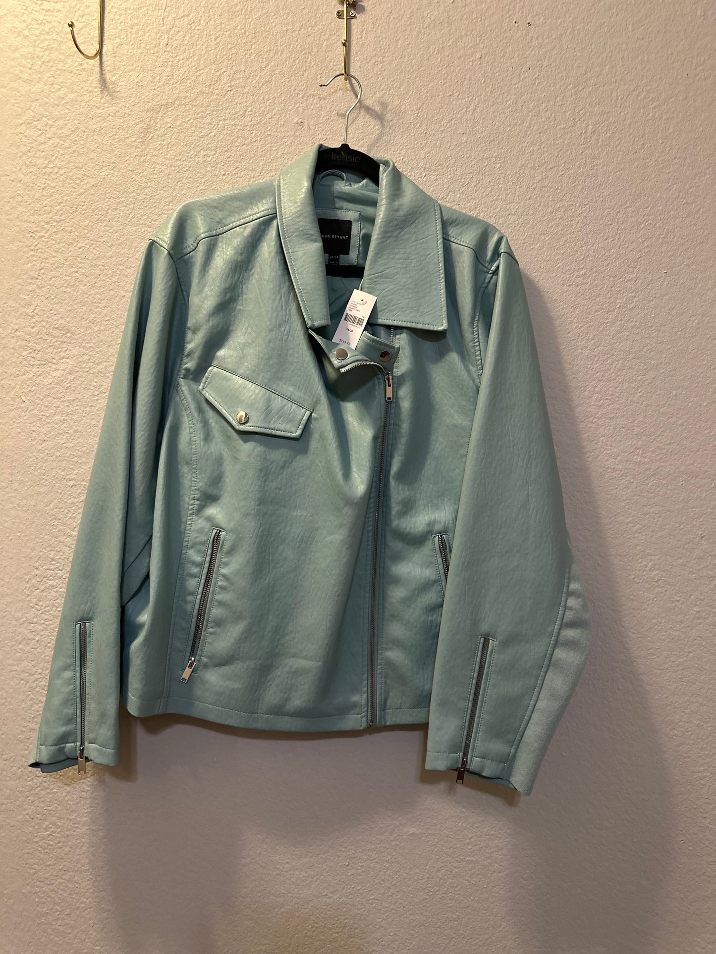 Size 4x/5x (26/28) Lane Bryant light blue faux leather motorcycle jacket.