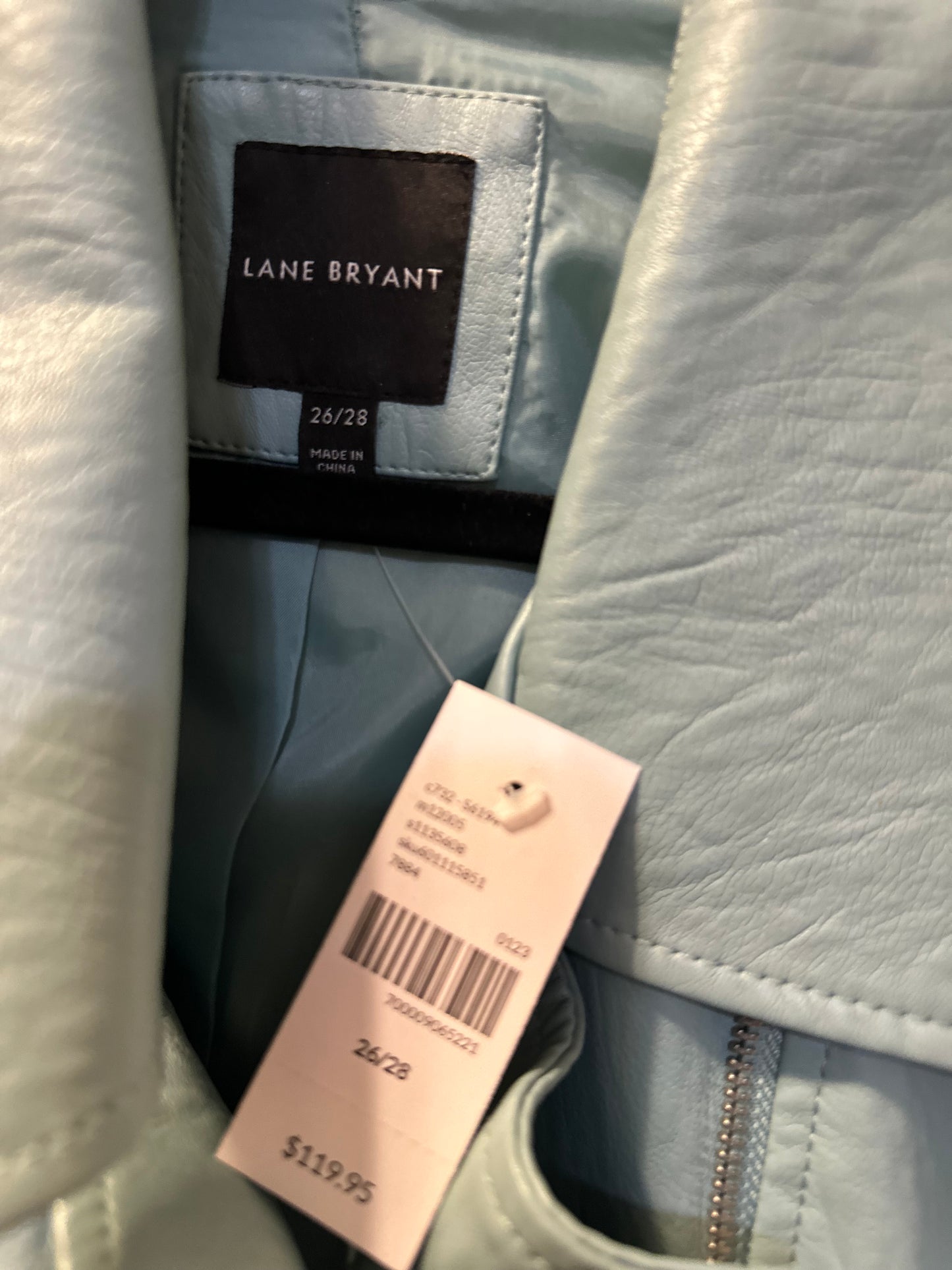 Size 4x/5x (26/28) Lane Bryant light blue faux leather motorcycle jacket.