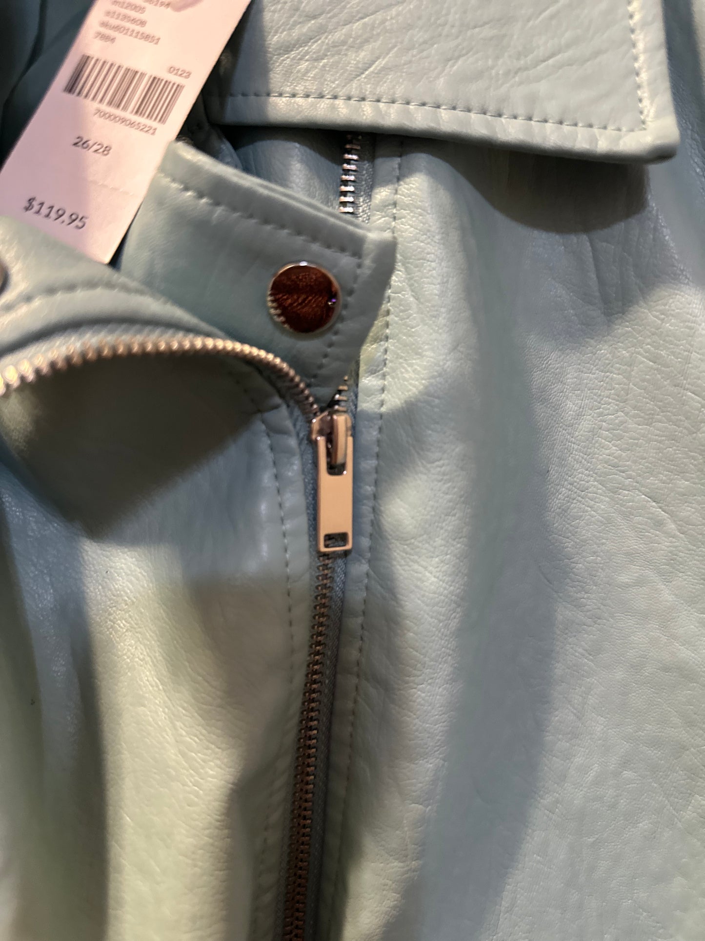 Size 4x/5x (26/28) Lane Bryant light blue faux leather motorcycle jacket.