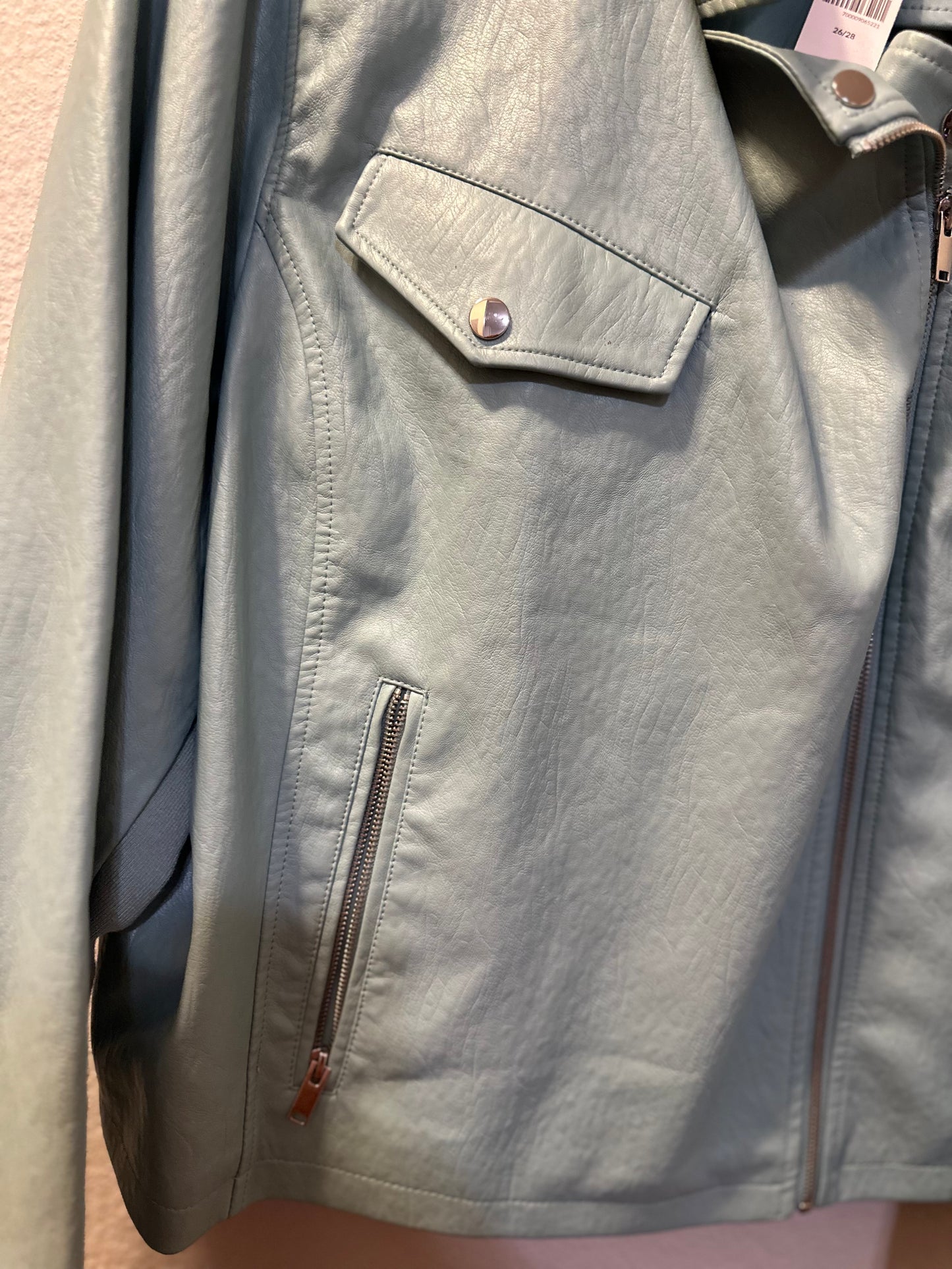 Size 4x/5x (26/28) Lane Bryant light blue faux leather motorcycle jacket.