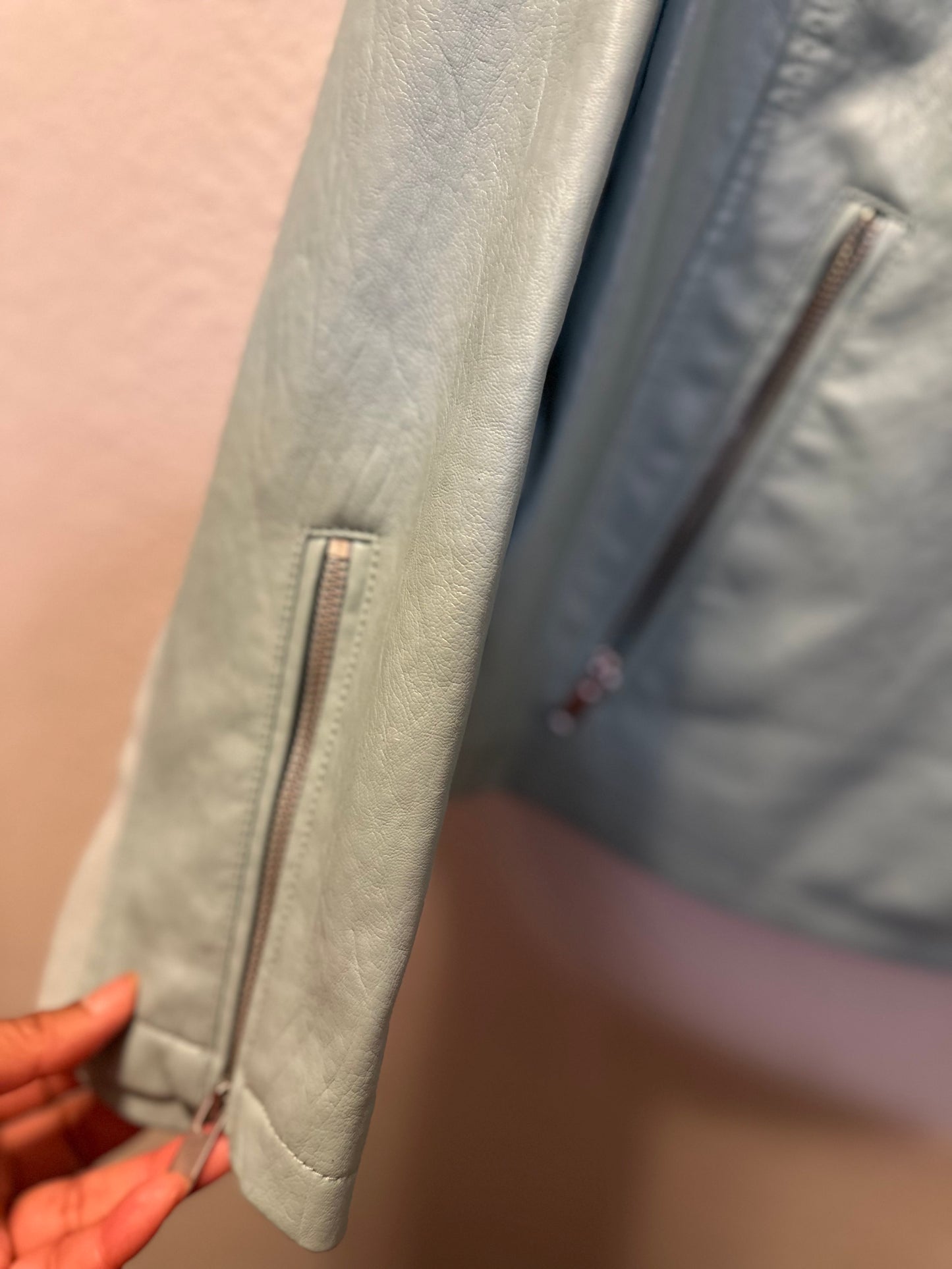 Size 4x/5x (26/28) Lane Bryant light blue faux leather motorcycle jacket.