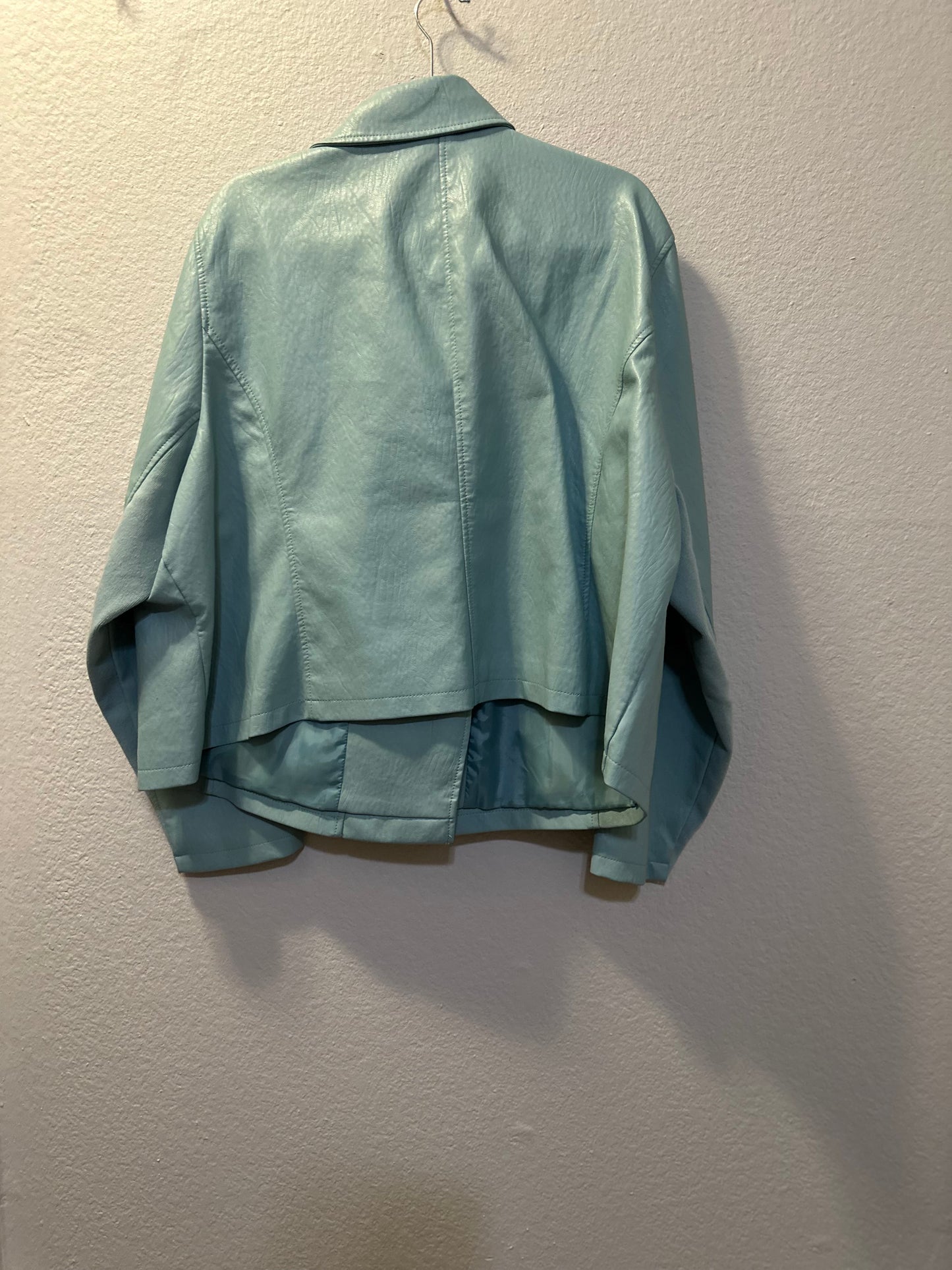 Size 4x/5x (26/28) Lane Bryant light blue faux leather motorcycle jacket.