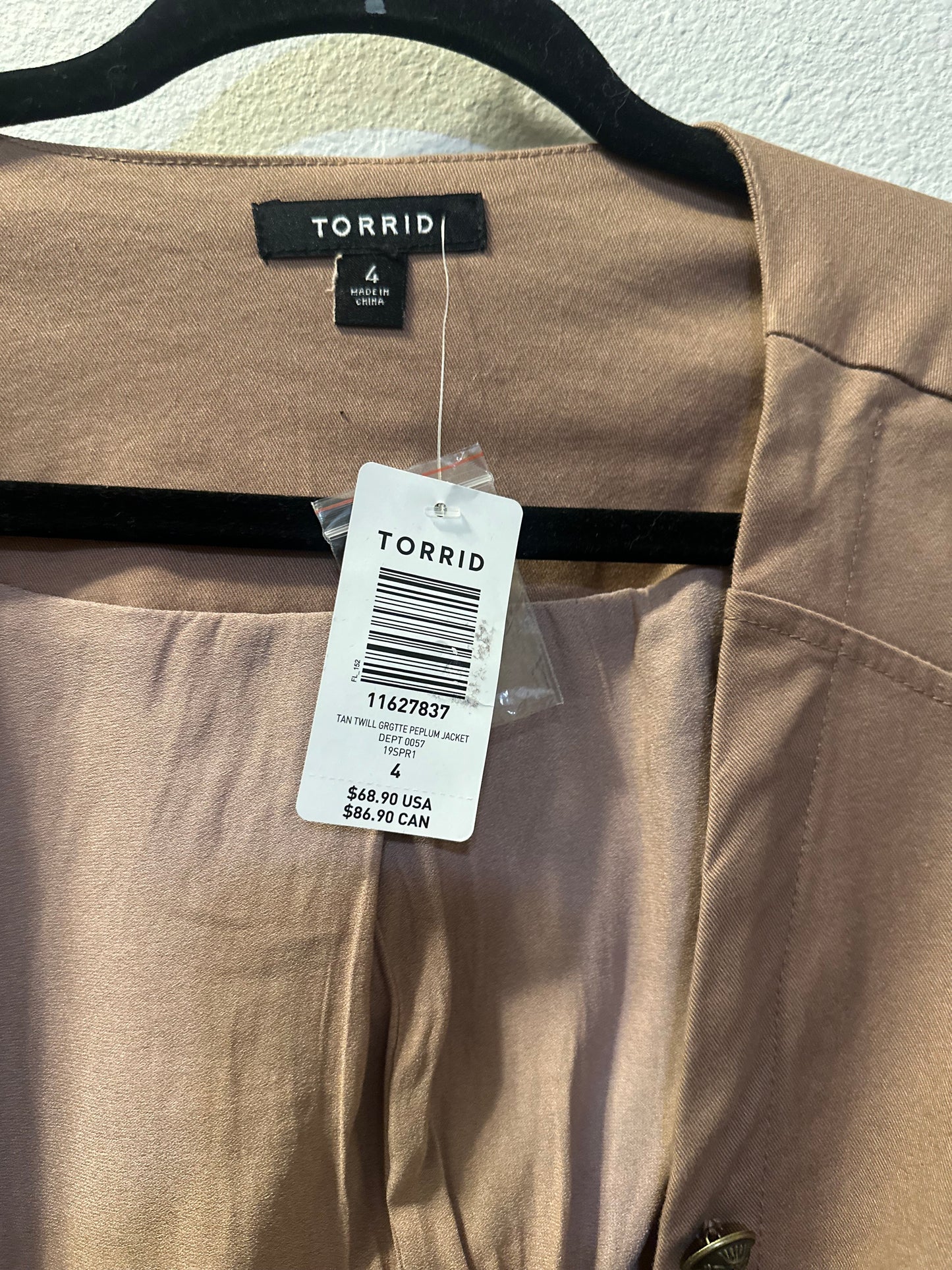 Size 4x (26) Torrid Women's Brown Twill Georgette Peplum Jacket Military Sleeves