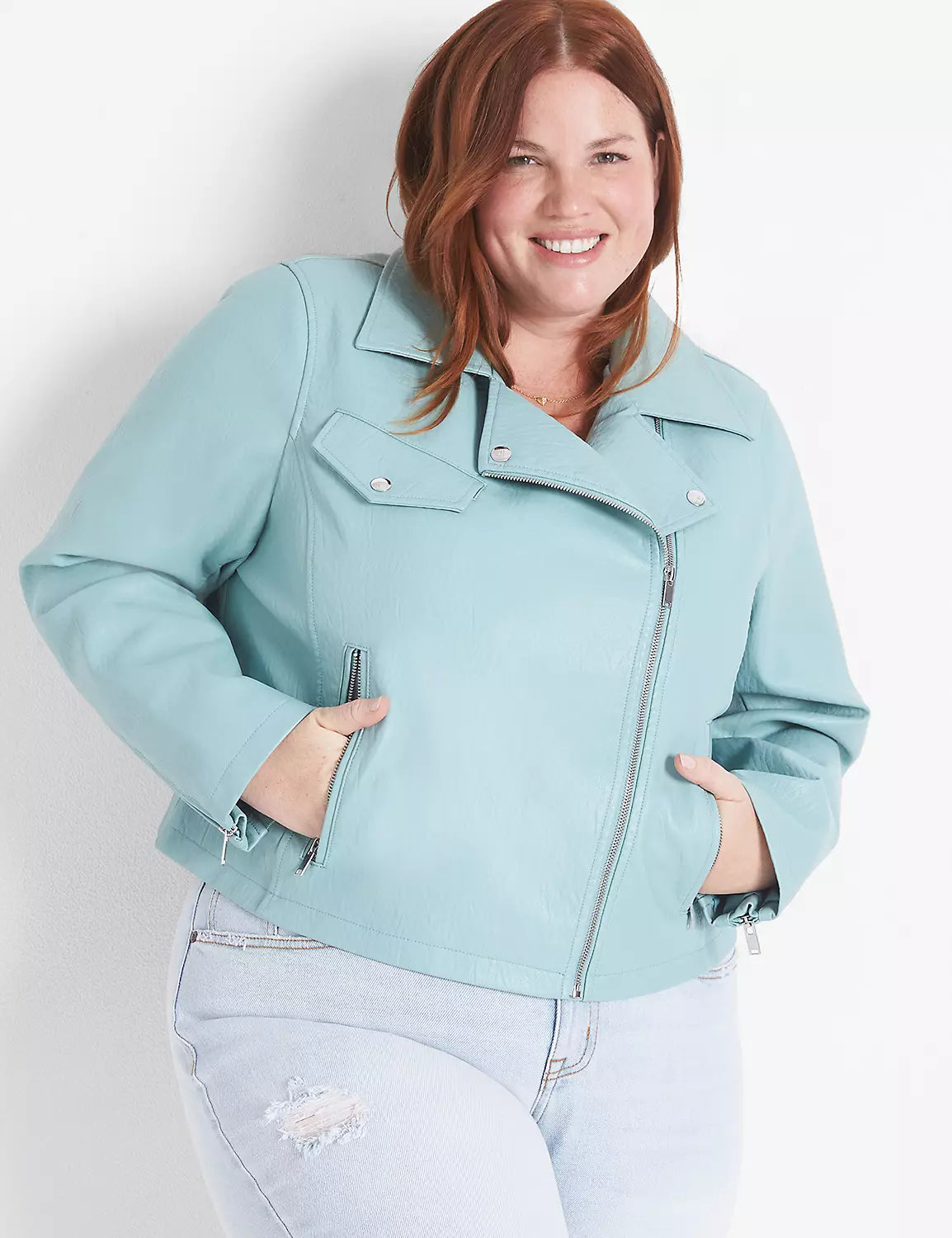 Size 4x/5x (26/28) Lane Bryant light blue faux leather motorcycle jacket.