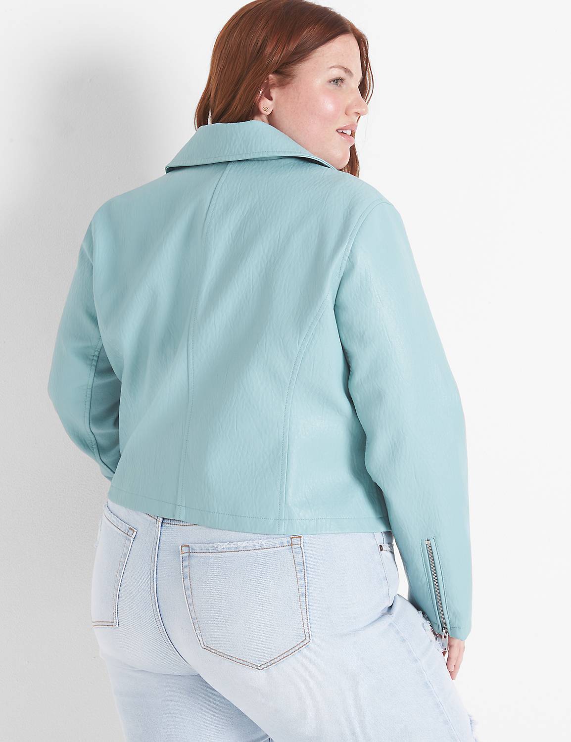 Size 4x/5x (26/28) Lane Bryant light blue faux leather motorcycle jacket.