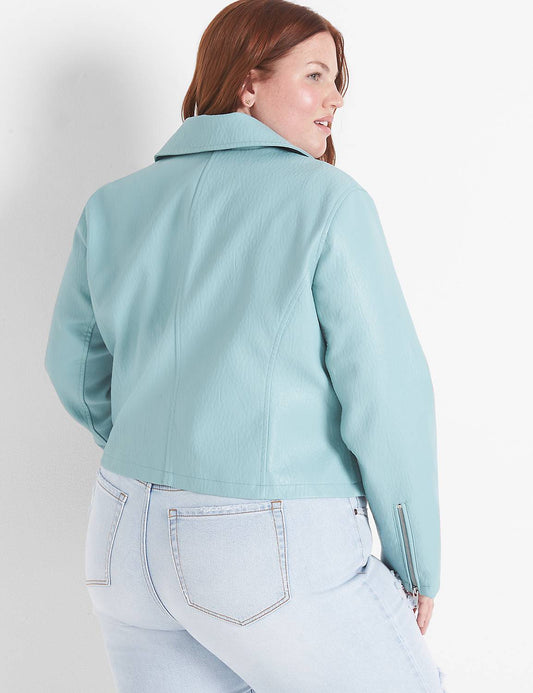 Size 4x/5x (26/28) Lane Bryant light blue faux leather motorcycle jacket.