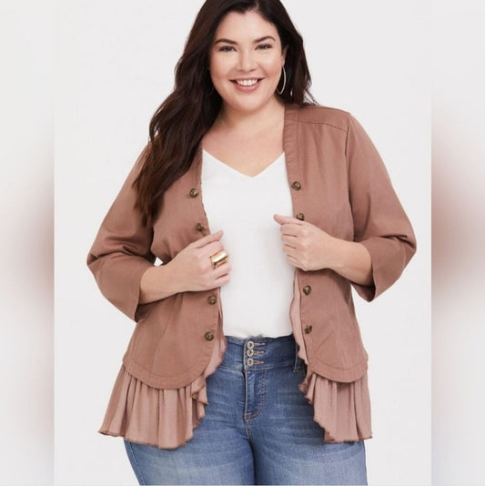 Size 4x (26) Torrid Women's Brown Twill Georgette Peplum Jacket Military Sleeves