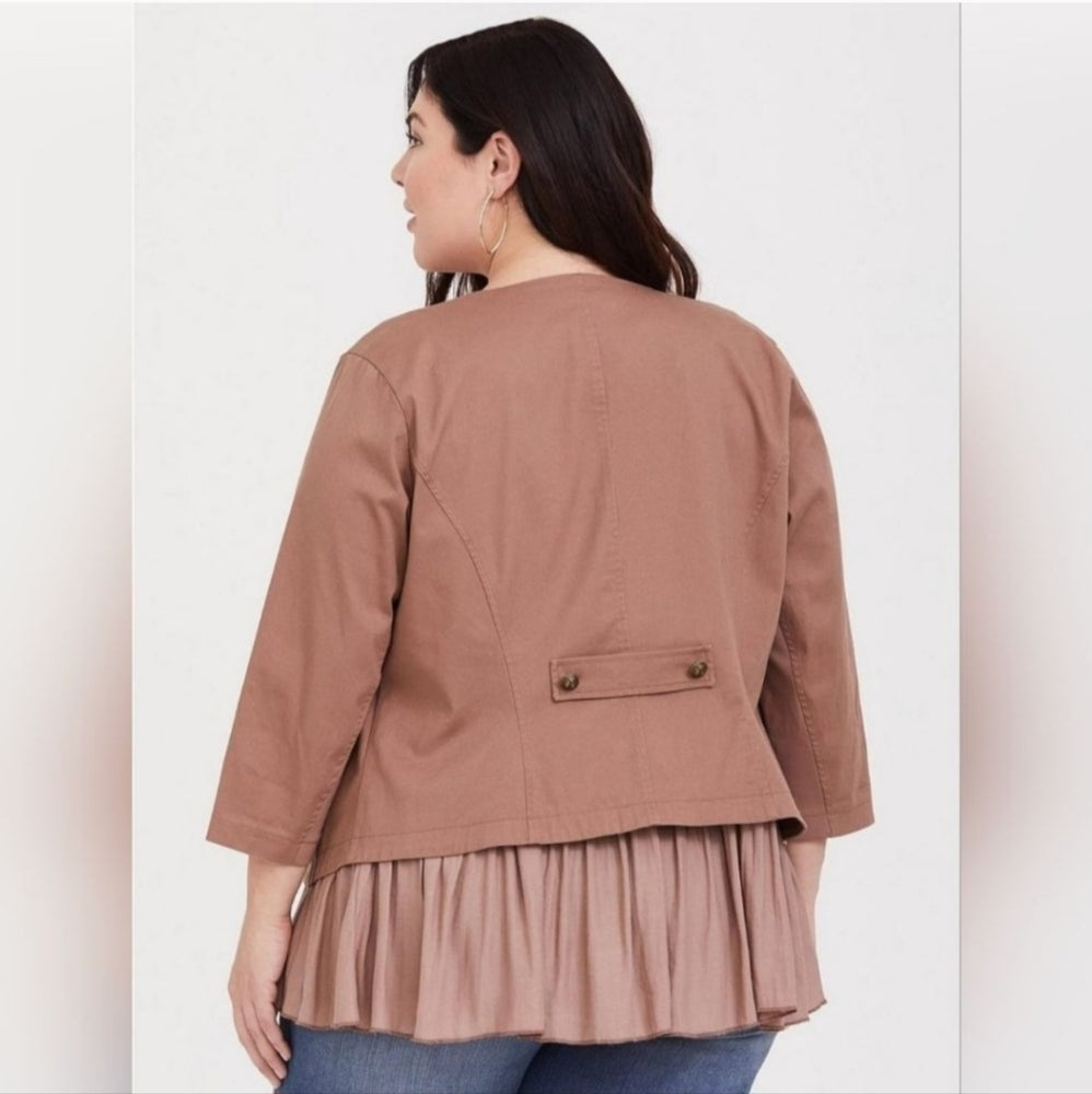 Size 4x (26) Torrid Women's Brown Twill Georgette Peplum Jacket Military Sleeves