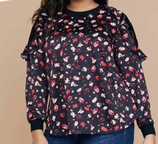 Size 4x/5x (26/28) Lane Bryant multi-color floral pattern, cold-shoulder ruffles, and lace shoulder insets.