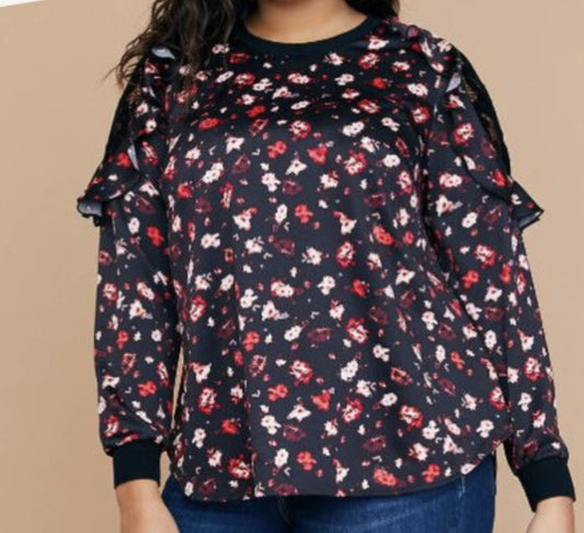 Size 4x/5x (26/28) Lane Bryant multi-color floral pattern, cold-shoulder ruffles, and lace shoulder insets.