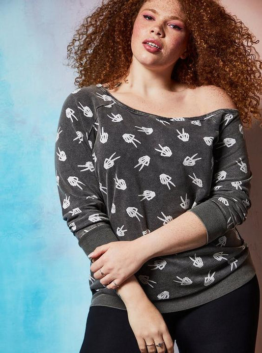 Size 6x (30) Torrrid/Lovesick Peace Skeleton - Black French Terry Off Shoulder Tunic Sweatshirt
