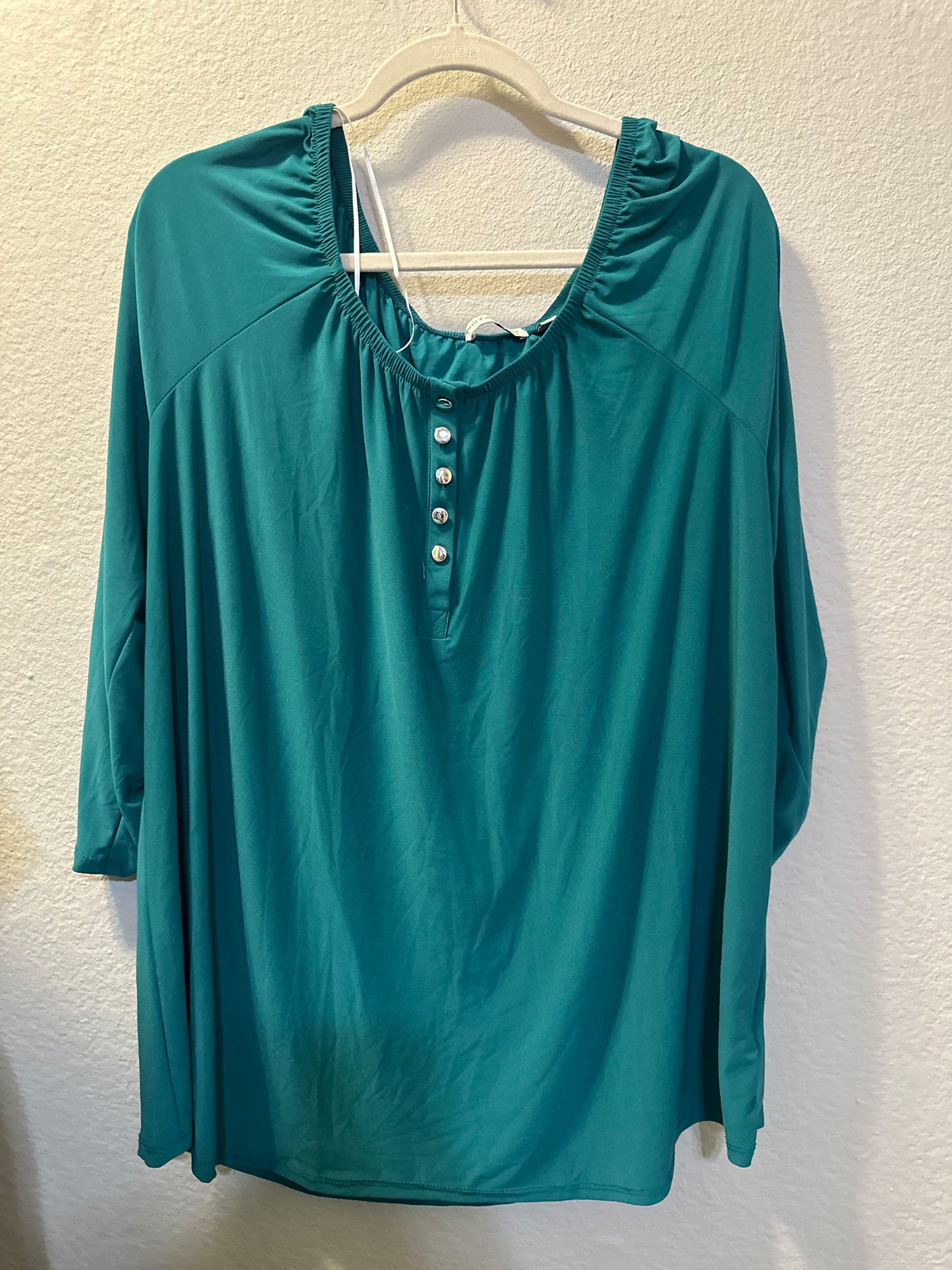 Size 3x (24) three-quarter length green blouse with faux buttons