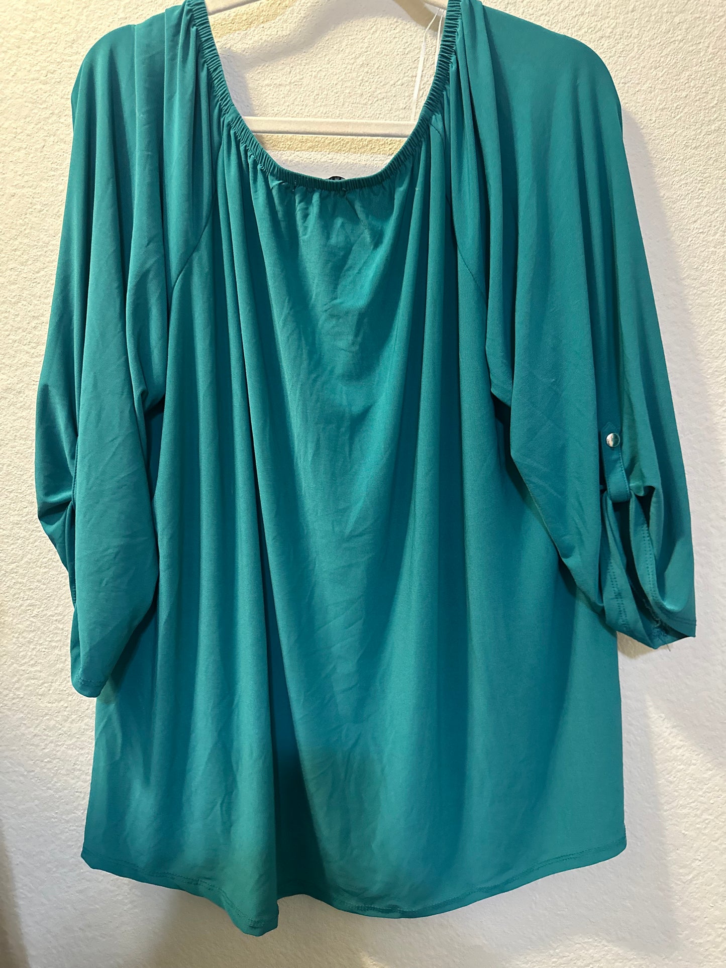 Size 3x (24) three-quarter length green blouse with faux buttons