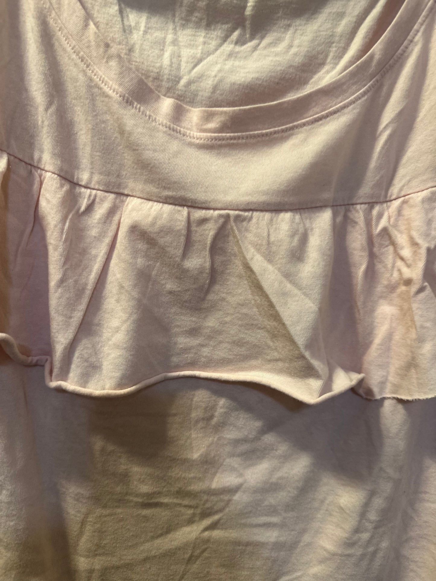 Size 4x/5x (26/28) Lane Bryant pink knit long-sleeve top featuring a ruffle yoke design.