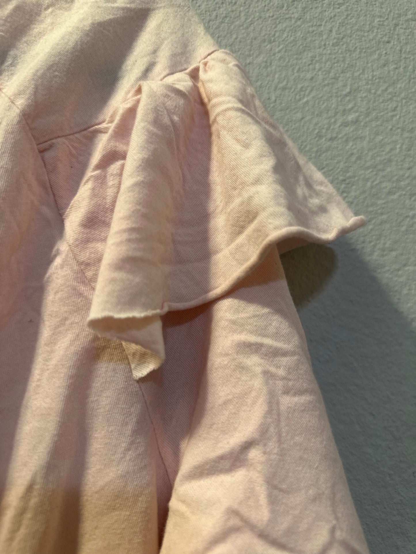 Size 4x/5x (26/28) Lane Bryant pink knit long-sleeve top featuring a ruffle yoke design.